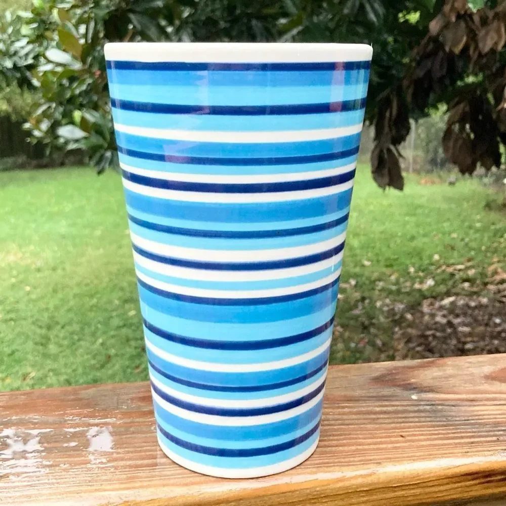 IKEA Striped Ceramic Vase Blue and White 8.5 inches Tall